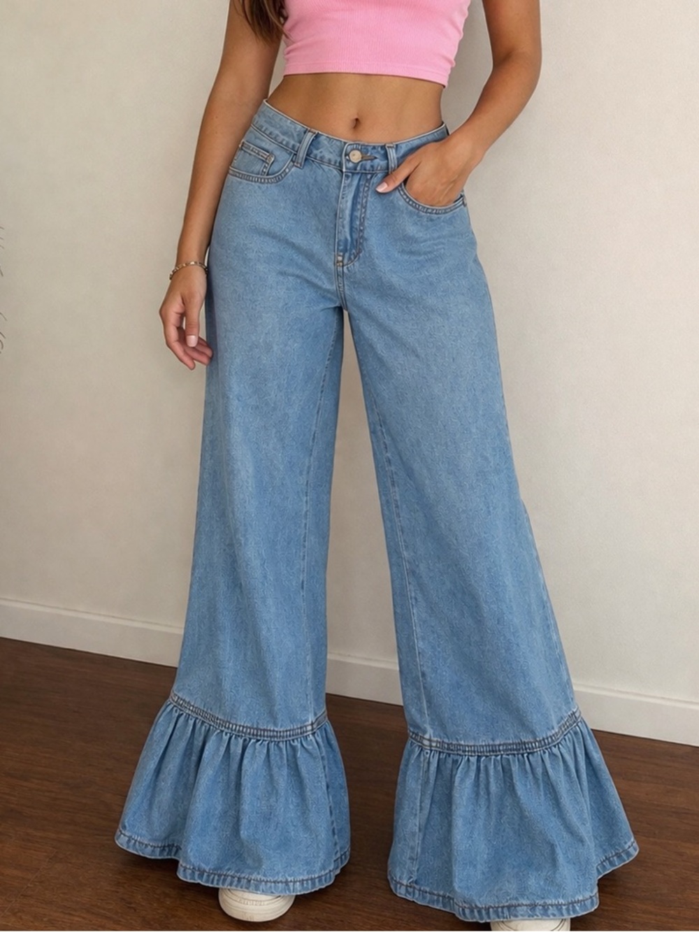 SHEIN Light Blue Flare Ruffle Jeans